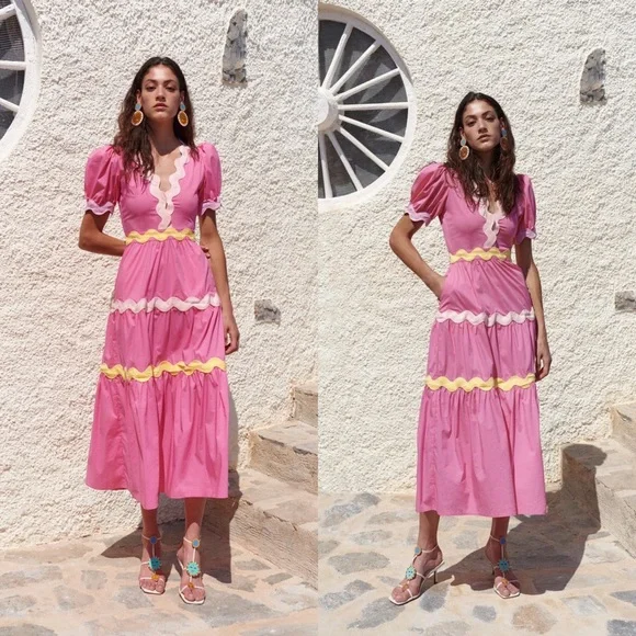 SOLD NWOT CeliaB Piscis Pink RicRac Tiered Dress Sz L - Picture 1 of 14